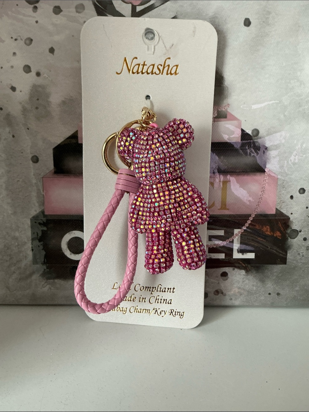 Natasha Couture Pink Crystal Teddy Bear Keychain with Braided Strap